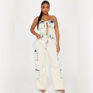 I'm Selling This Brand New Fashion Nova Cream & Blue Denim Jumpsuit size XL